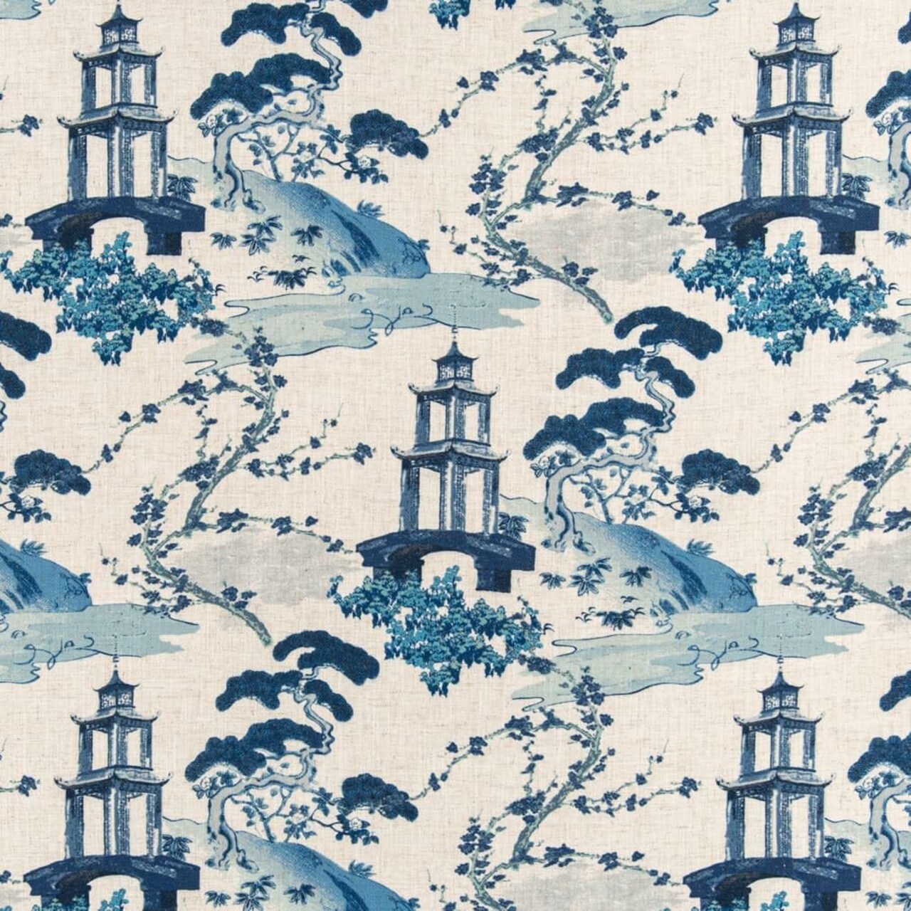 Blue Stain Resistant Performance Global Toile Novelty Print Upholstery Fabric by The Yard - SKU: Linford Sapphire